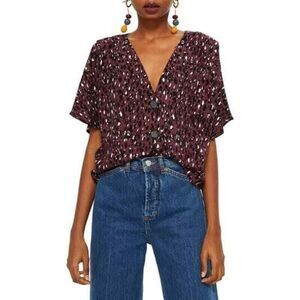 Topshop - Animal Print Pleated Shoulder Button Front‎ Crop Blouse - Size 8